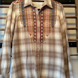 Johnny Was Beige and Red Embroidered Shirt
